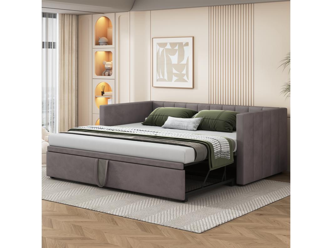 Gestoffeerde onderschuifbed 90/180x200cm slaapbank in fluwelen stof met lattenbodem - Grijs
