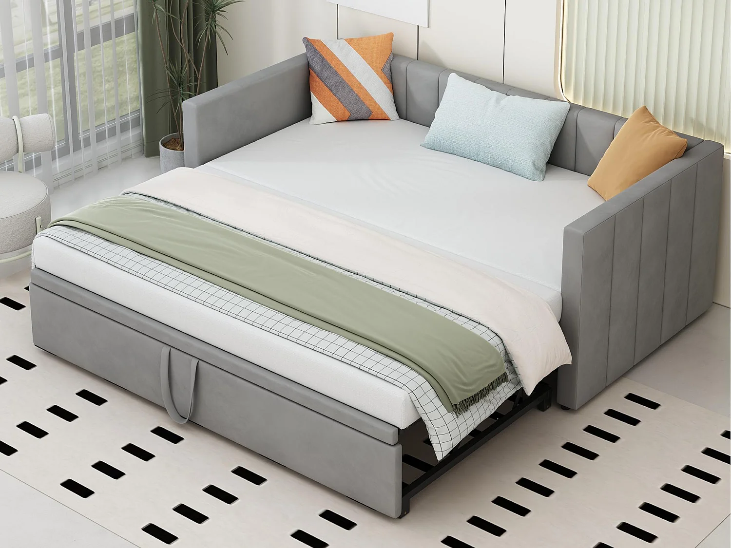 Gestoffeerde onderschuifbed 90/180x200cm slaapbank in fluwelen stof met lattenbodem - Lichtgrijs