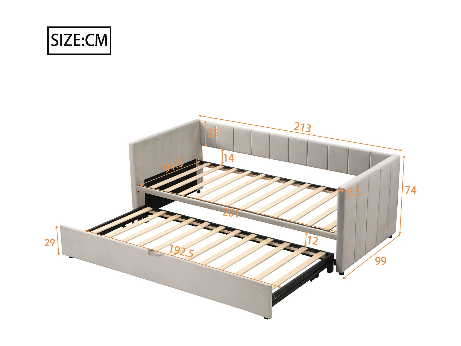 Gestoffeerde onderschuifbed 90/180x200cm slaapbank in fluwelen stof met lattenbodem - Lichtgrijs