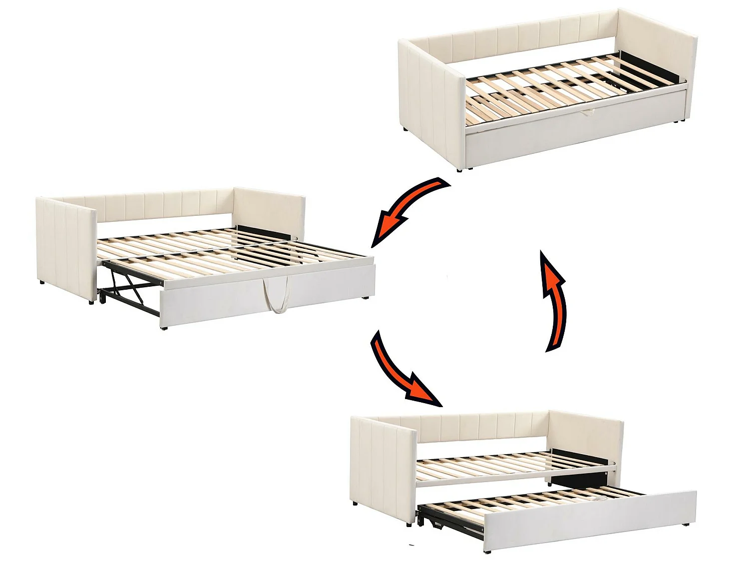 Gestoffeerd onderschuifbed 90/180x200cm slaapbank in fluwelen stof met lattenbodem - Beige