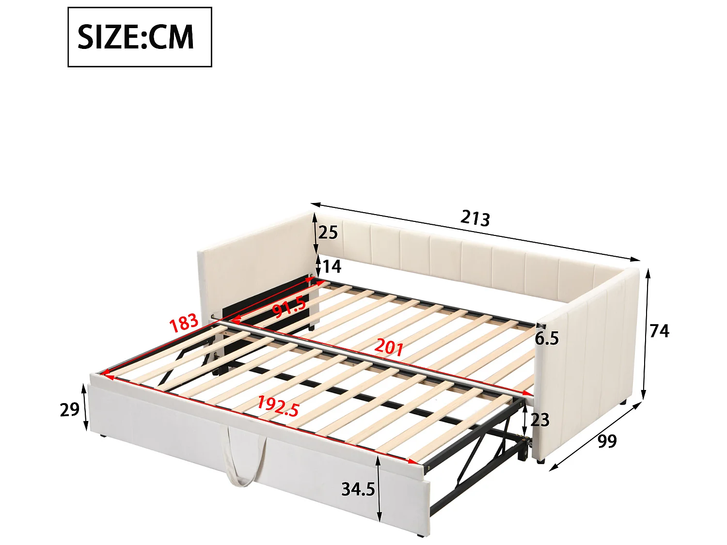 Gestoffeerd onderschuifbed 90/180x200cm slaapbank in fluwelen stof met lattenbodem - Beige