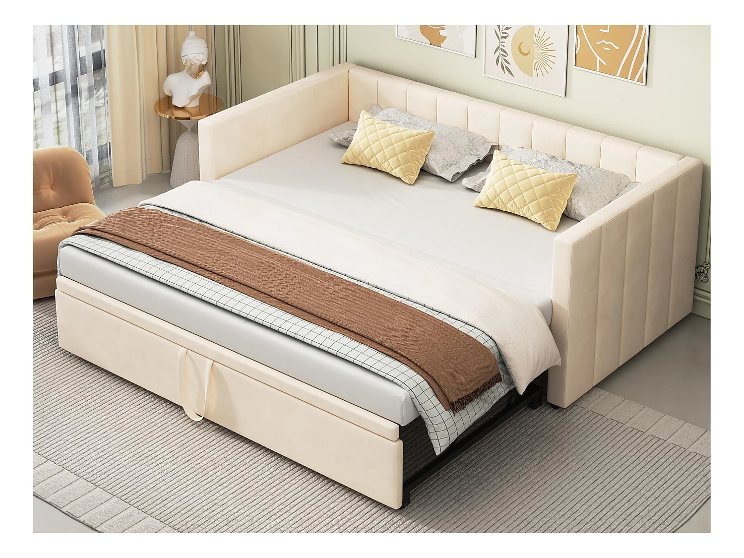 Gestoffeerd onderschuifbed 90/180x200cm slaapbank in fluwelen stof met lattenbodem - Beige