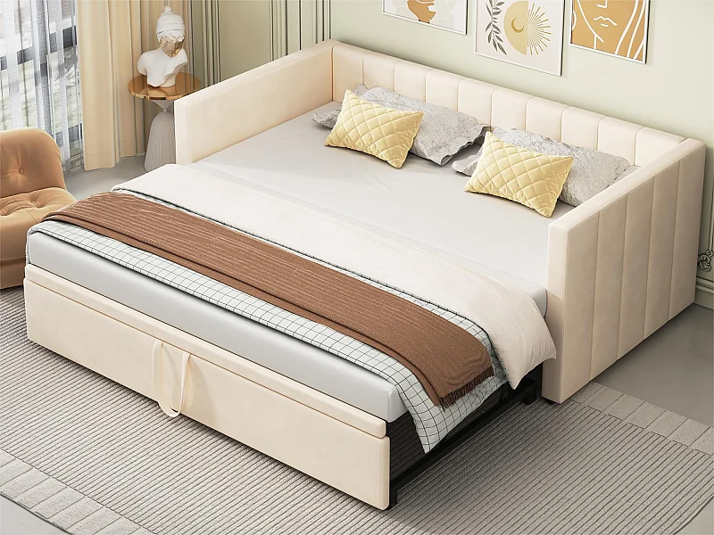 Gepolstertes Ausziehbett 90/180 x 200 cm, Schlafsofa aus Samtstoff mit Lattenrost – Beige