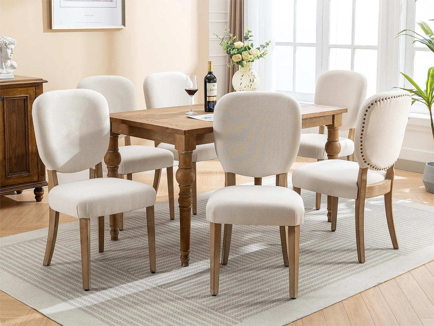 Lot de 6 Chaises rembourrés en lin avec pieds réglables - cadre en bois massif - Crème