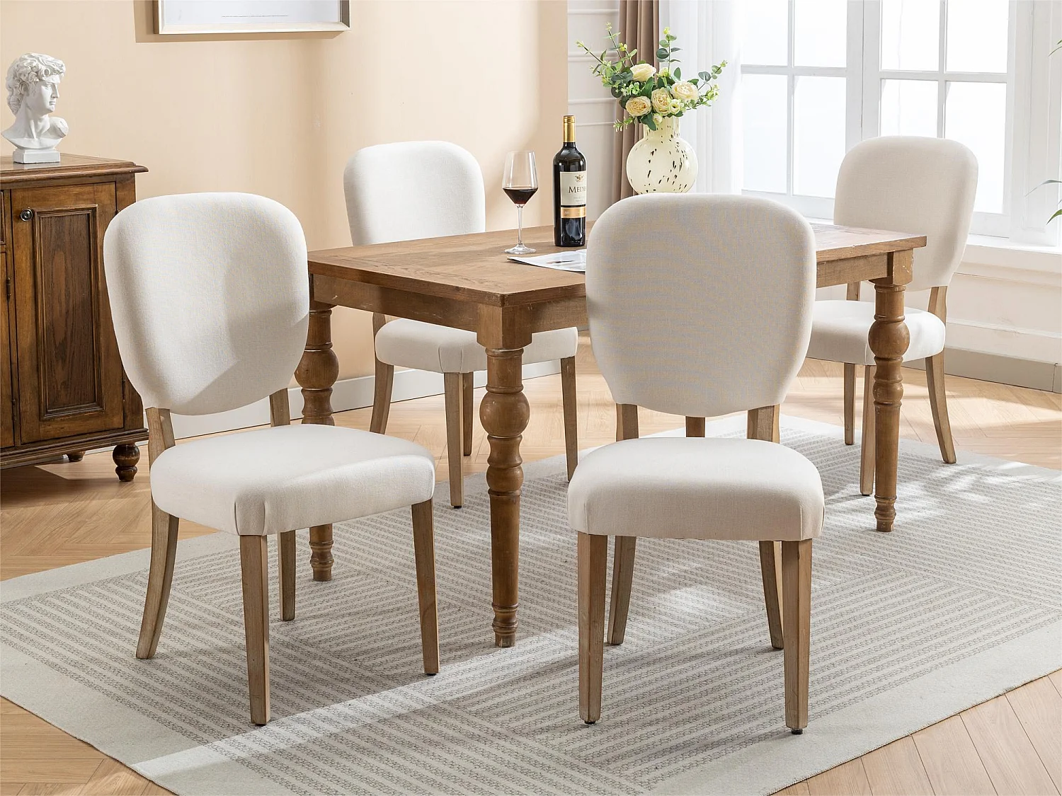 Set van 4 linnen gestoffeerde stoelen met verstelbare poten - massief houten frame - crème