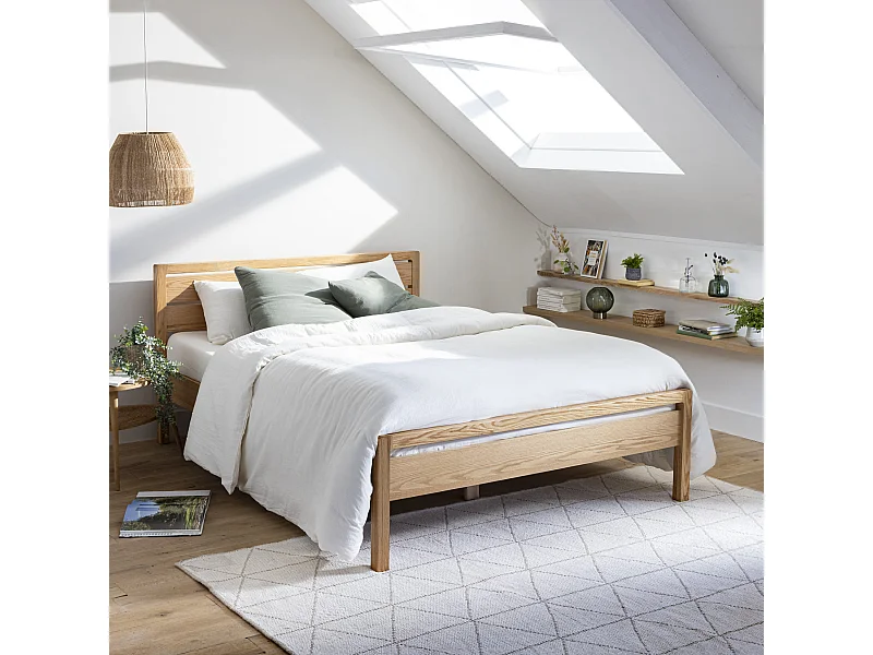 Lit avec tête de lit intégrée en MDF plaquage chêne et pieds en bois massif 160x200 - LT17013