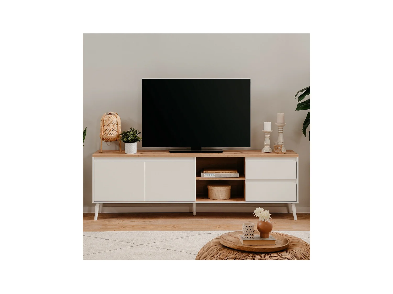 TV-Möbel mit 2 Türen, 2 Nischen und 2 Schubladen im Eiche Dekor B186 cm - Zamos