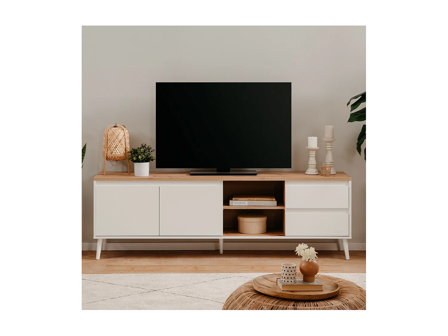 Meuble TV 2 portes, 2 niches et 2 tiroirs décor chêne L186 cm - Zamos
