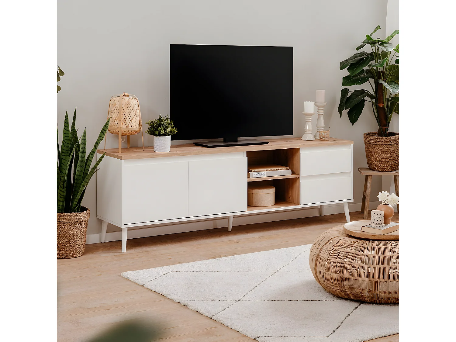Meuble TV 2 portes, 2 niches et 2 tiroirs décor chêne L186 cm - Zamos