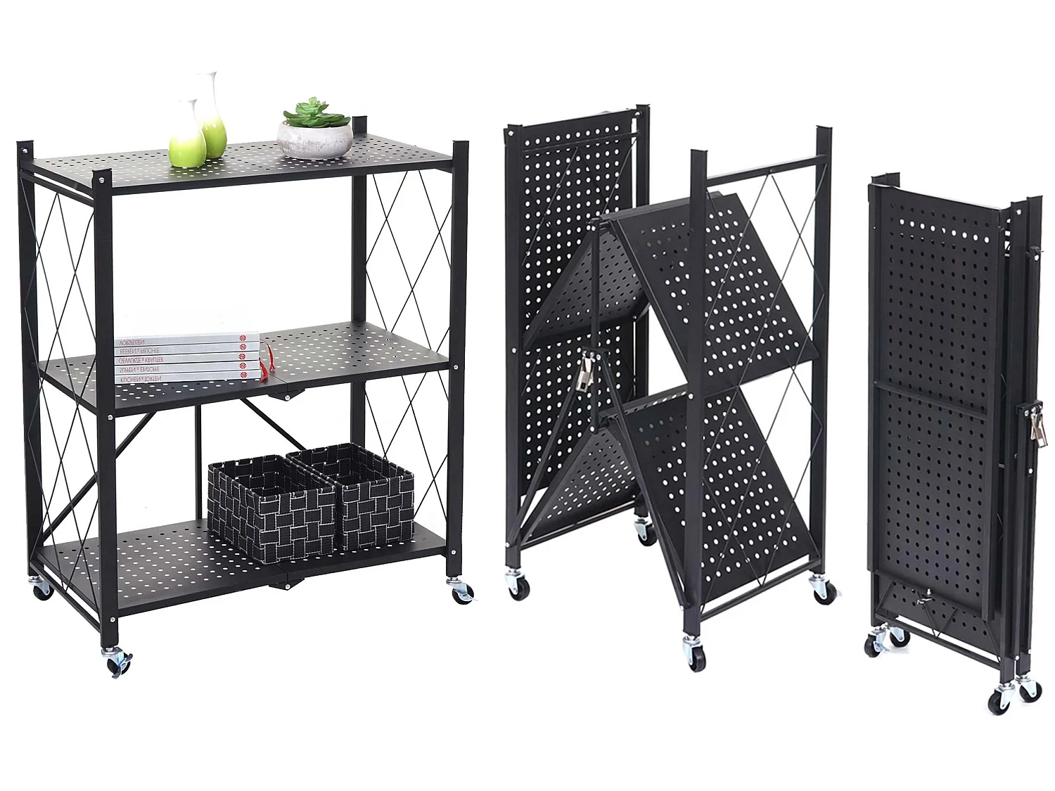Étagère MCW-J85 pliable,  noir, 3 niveaux