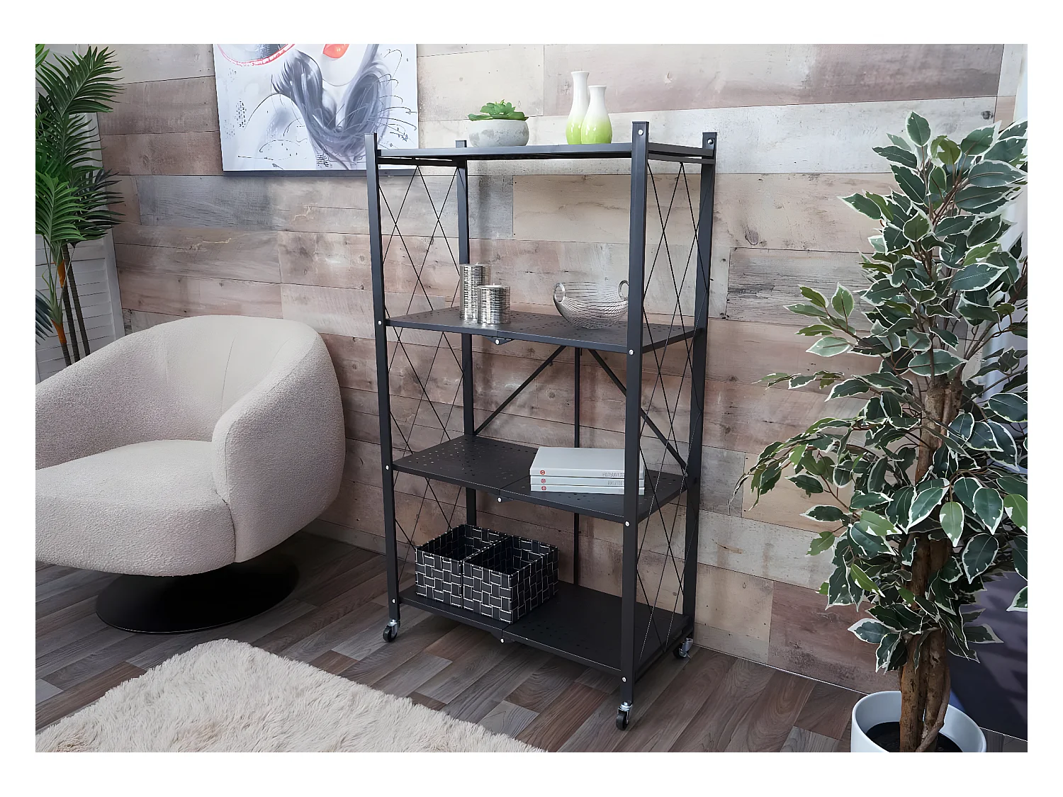 Scaffale libreria MCW-J85 pieghevole con ruote acciaio verniciato 4 ripiani nero