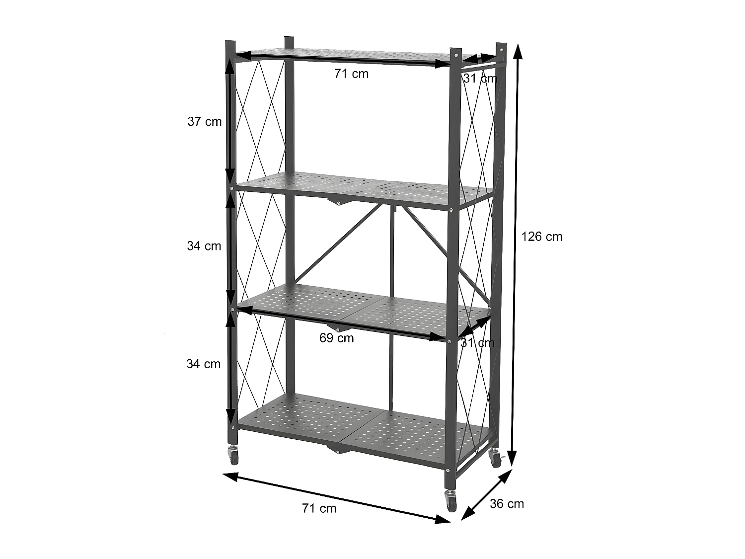 Scaffale libreria MCW-J85 pieghevole con ruote acciaio verniciato 4 ripiani nero