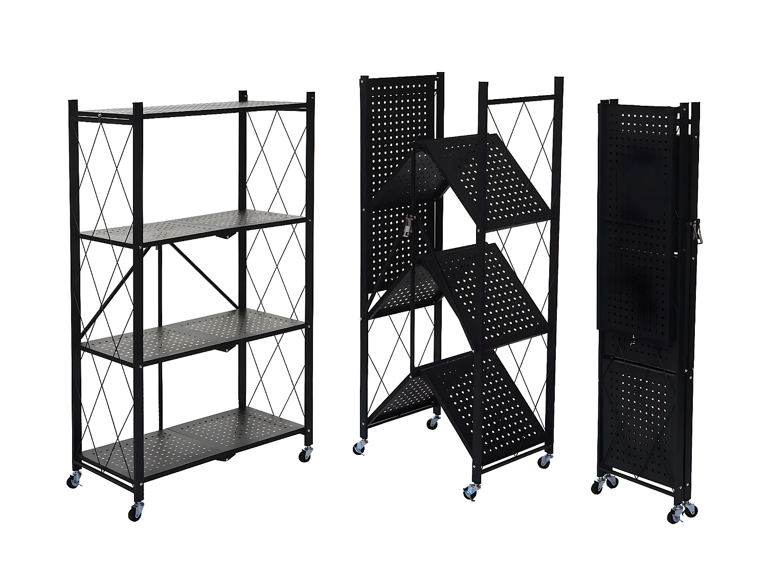 Scaffale libreria MCW-J85 pieghevole con ruote acciaio verniciato 4 ripiani nero