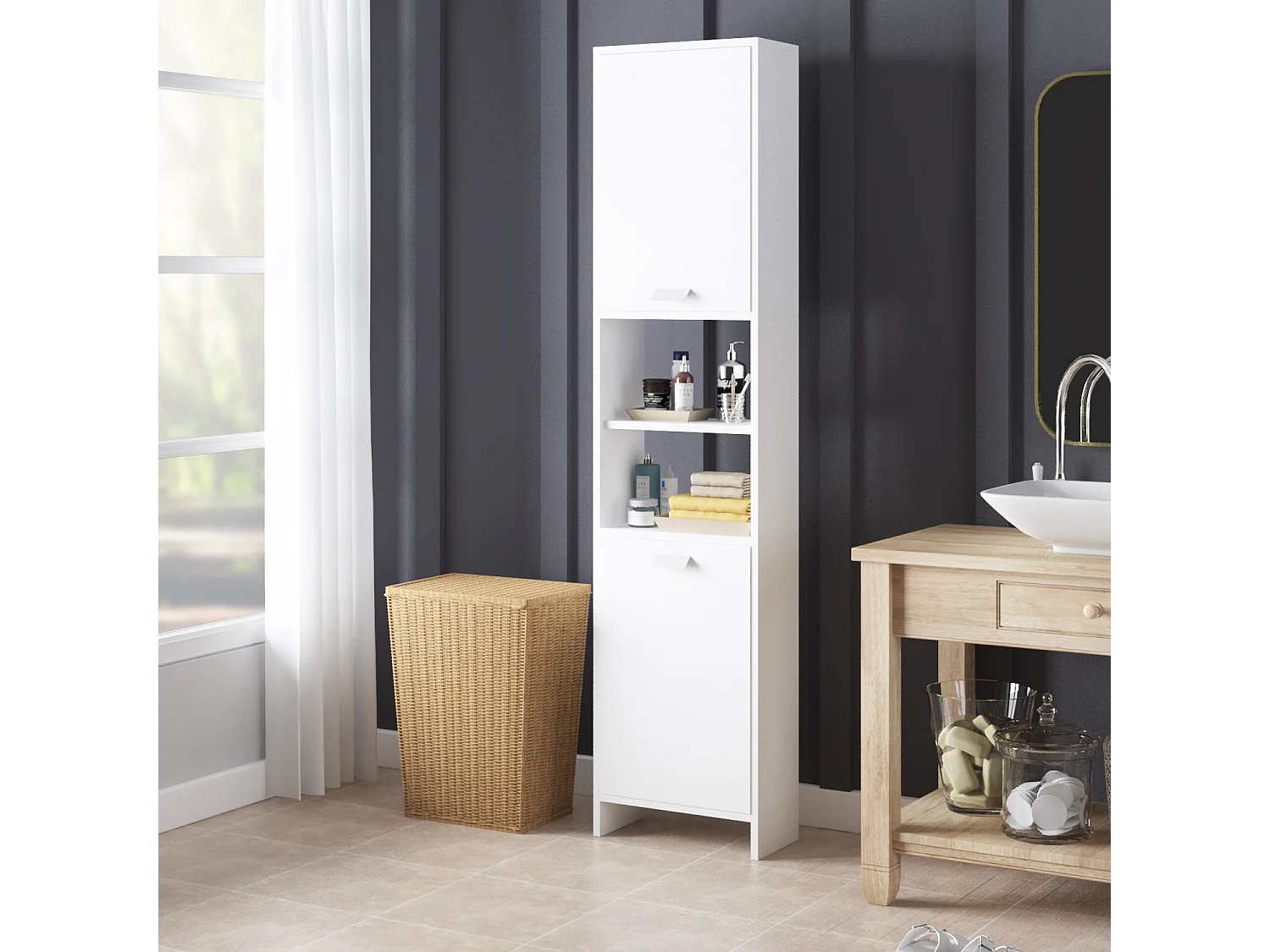 CASABEL Meuble Colonne de Salle de Bain avec 4 Compartiments de Rangement, Petite Armoire pour Salle d’Eau, Cuisine, Blanc