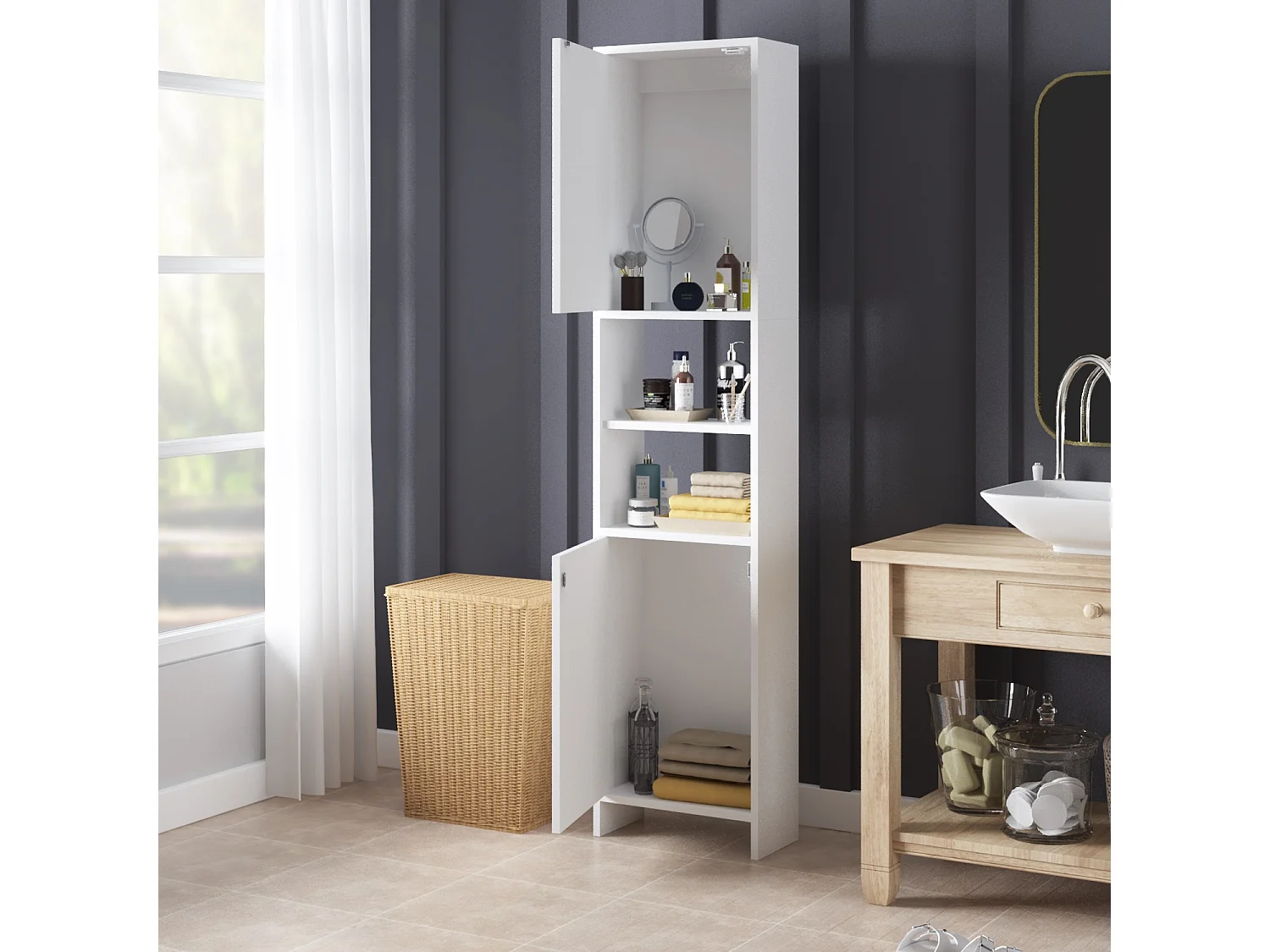 CASABEL Meuble Colonne de Salle de Bain avec 4 Compartiments de Rangement, Petite Armoire pour Salle d’Eau, Cuisine, Blanc