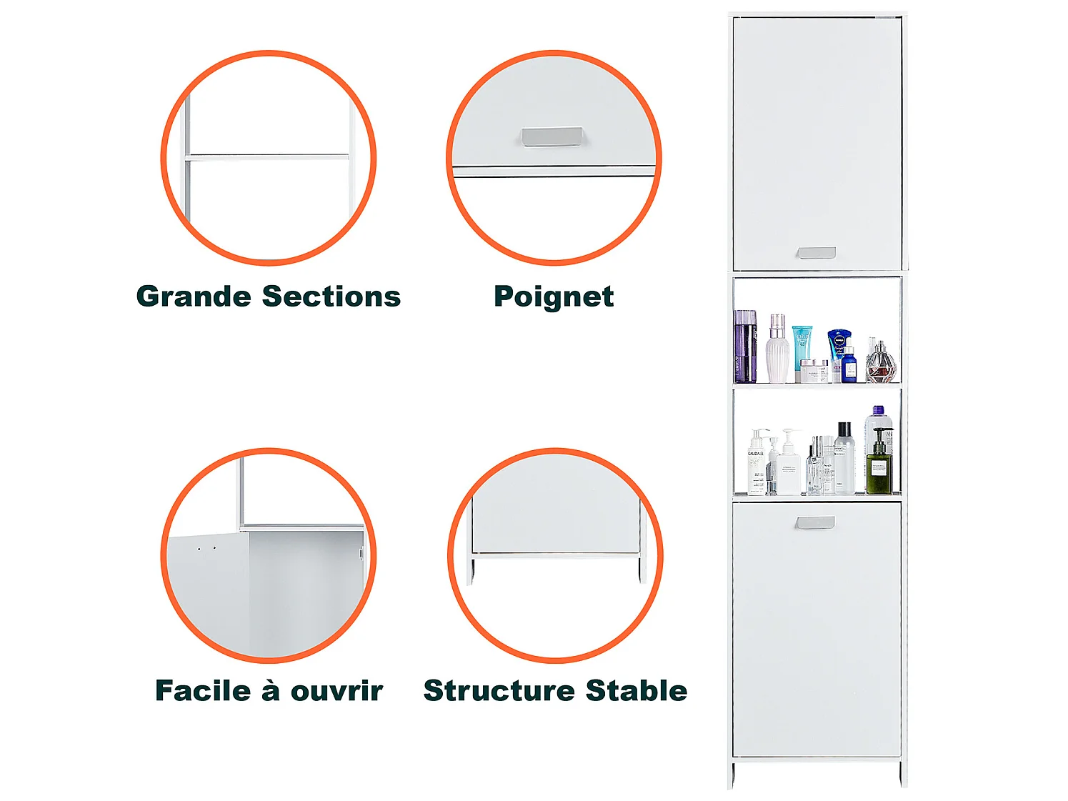 CASABEL Meuble Colonne de Salle de Bain avec 4 Compartiments de Rangement, Petite Armoire pour Salle d’Eau, Cuisine, Blanc