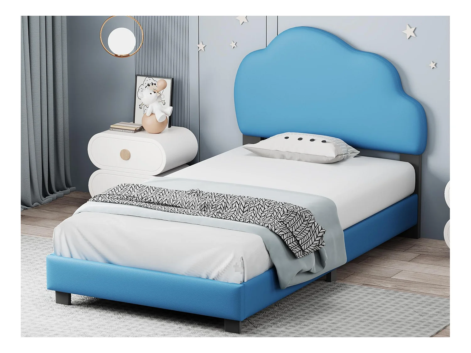 Kinderbed 90x200cm in kunstleer met wolkvormig hoofdeinde en lattenbodem - Blauw