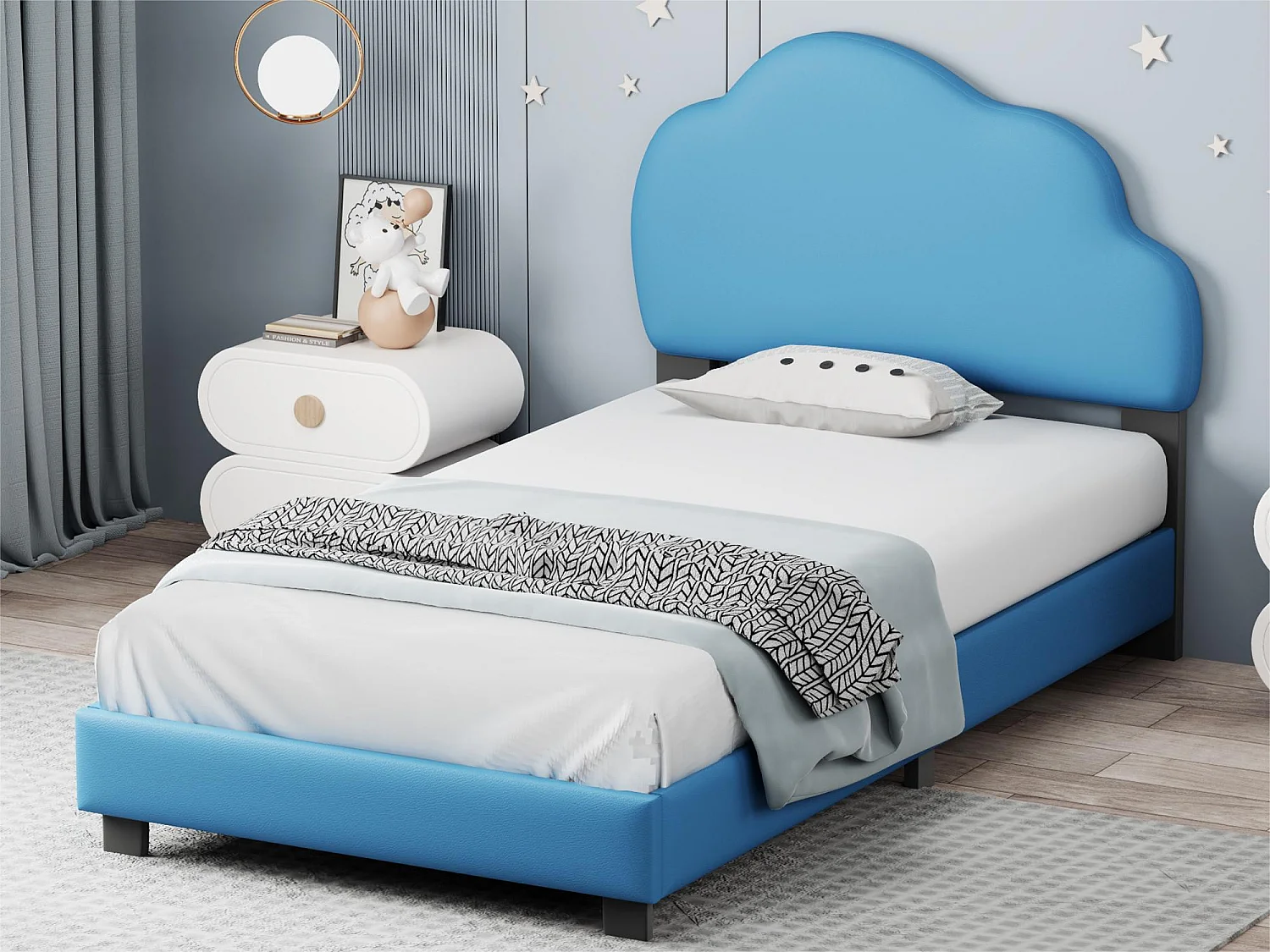 Kinderbed 90x200cm in kunstleer met wolkvormig hoofdeinde en lattenbodem - Blauw