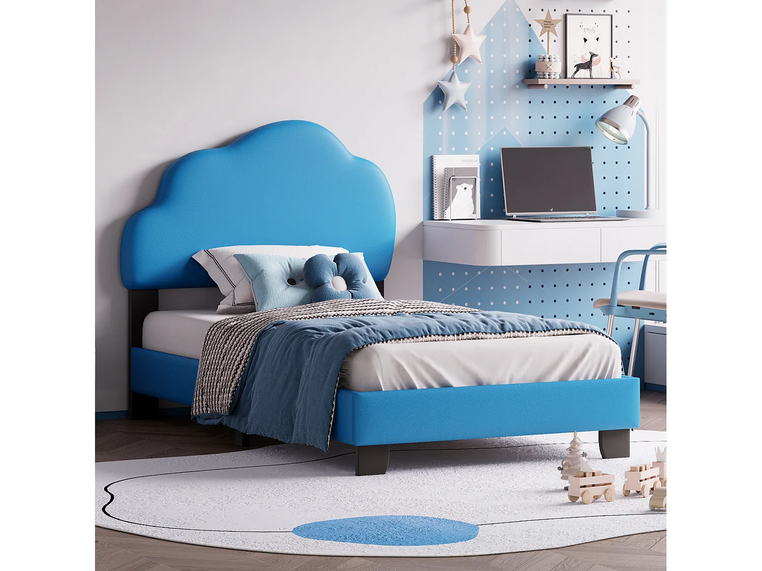 Kinderbed 90x200cm in kunstleer met wolkvormig hoofdeinde en lattenbodem - Blauw