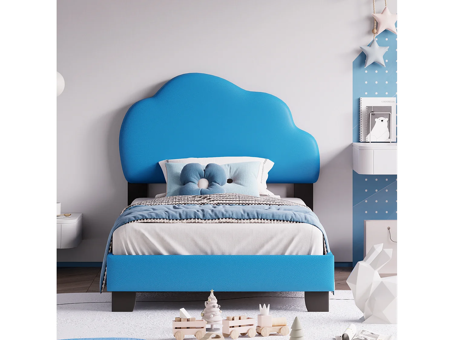 Kinderbed 90x200cm in kunstleer met wolkvormig hoofdeinde en lattenbodem - Blauw