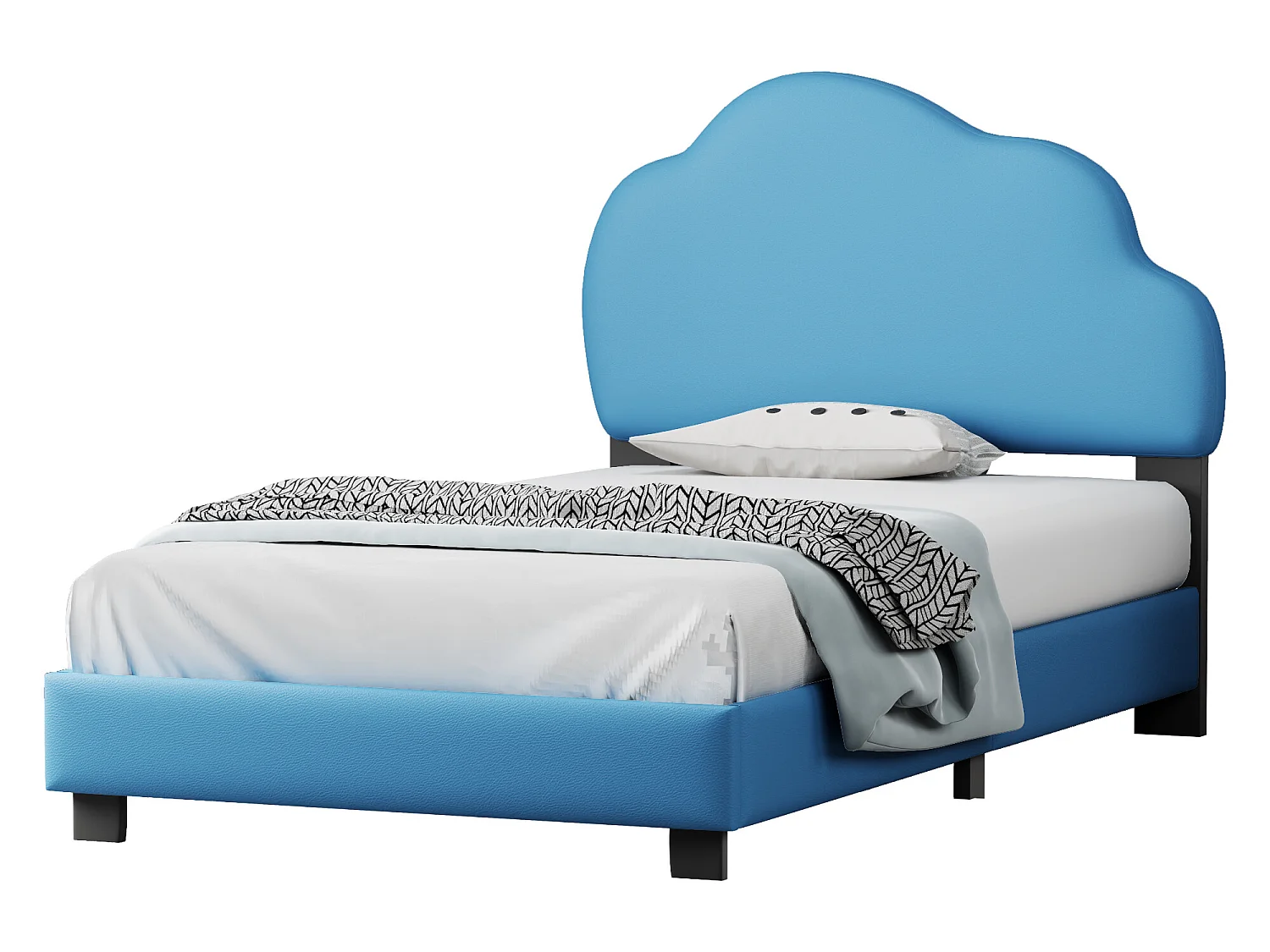 Kinderbed 90x200cm in kunstleer met wolkvormig hoofdeinde en lattenbodem - Blauw