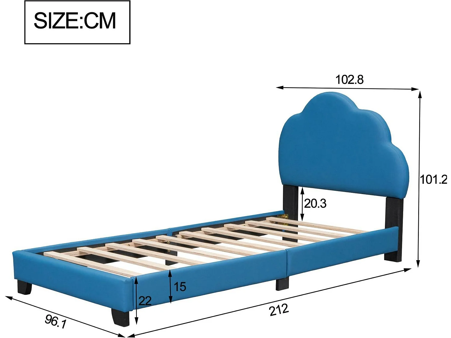 Kinderbed 90x200cm in kunstleer met wolkvormig hoofdeinde en lattenbodem - Blauw