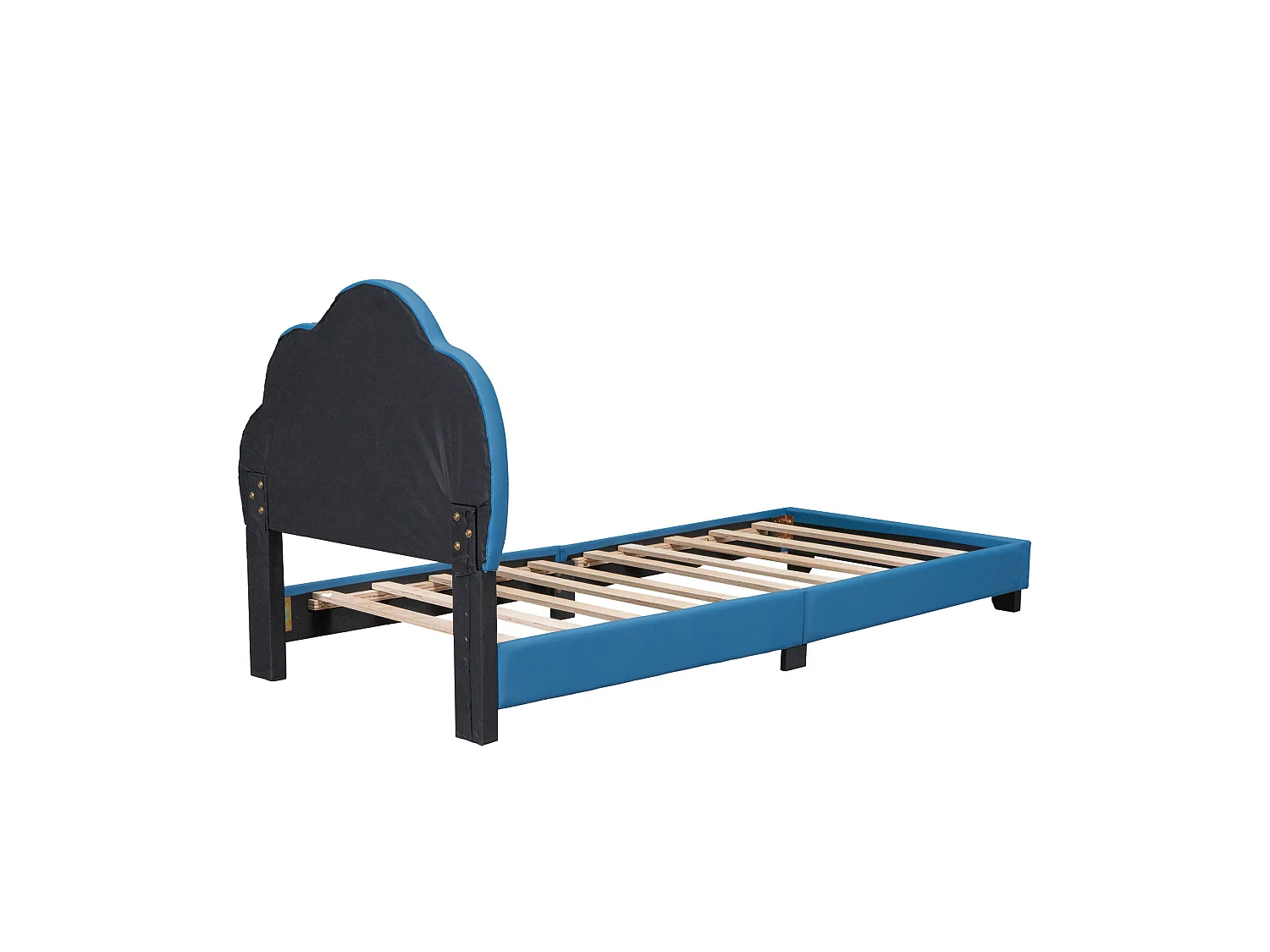 Kinderbed 90x200cm in kunstleer met wolkvormig hoofdeinde en lattenbodem - Blauw