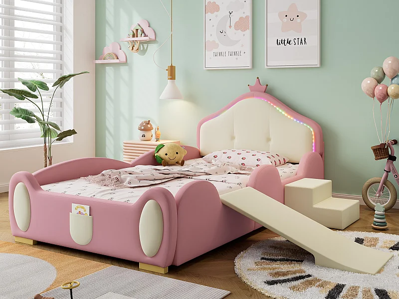 Kinderbett 90x200cm aus Kunstleder mit kleiner Rutsche und Treppe + mehrfarbiger LED und Lattenrost – Beige