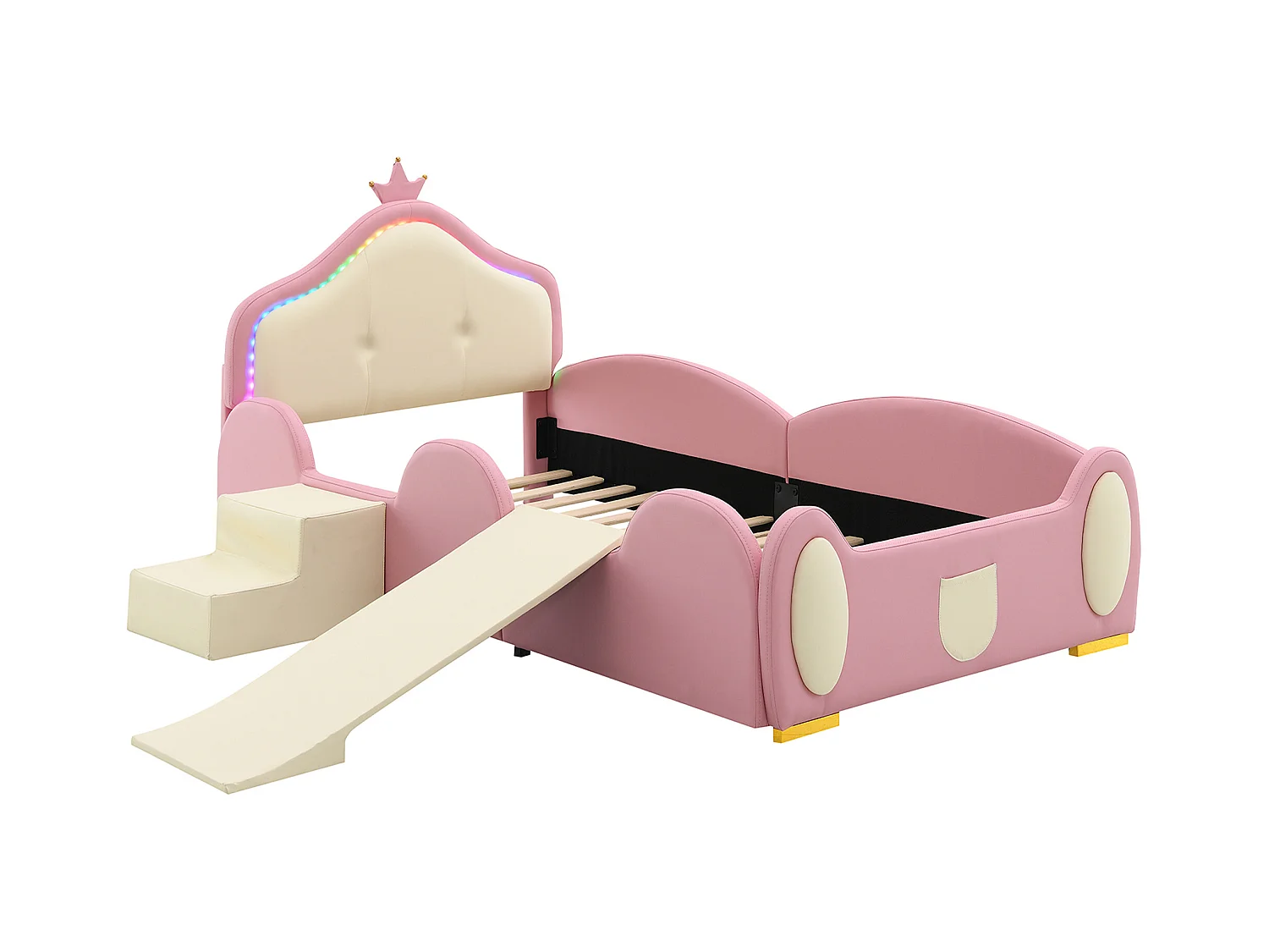 Lit enfant 90x200cm en similicuir avec petit toboggan et escalier + LED multicolore et sommier à lattes -  Beige