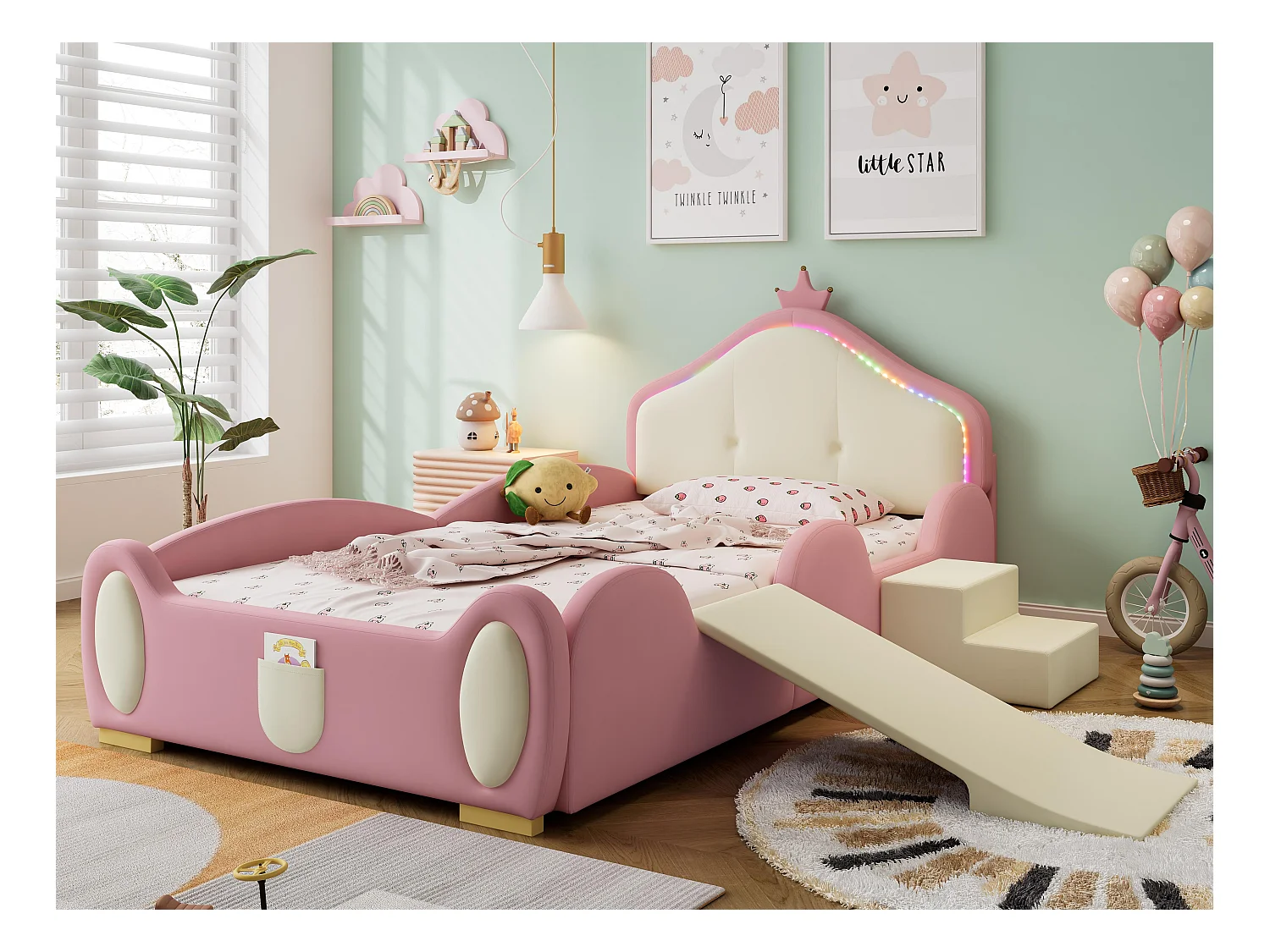 Lit enfant 90x200cm en similicuir avec petit toboggan et escalier + LED multicolore et sommier à lattes -  Beige