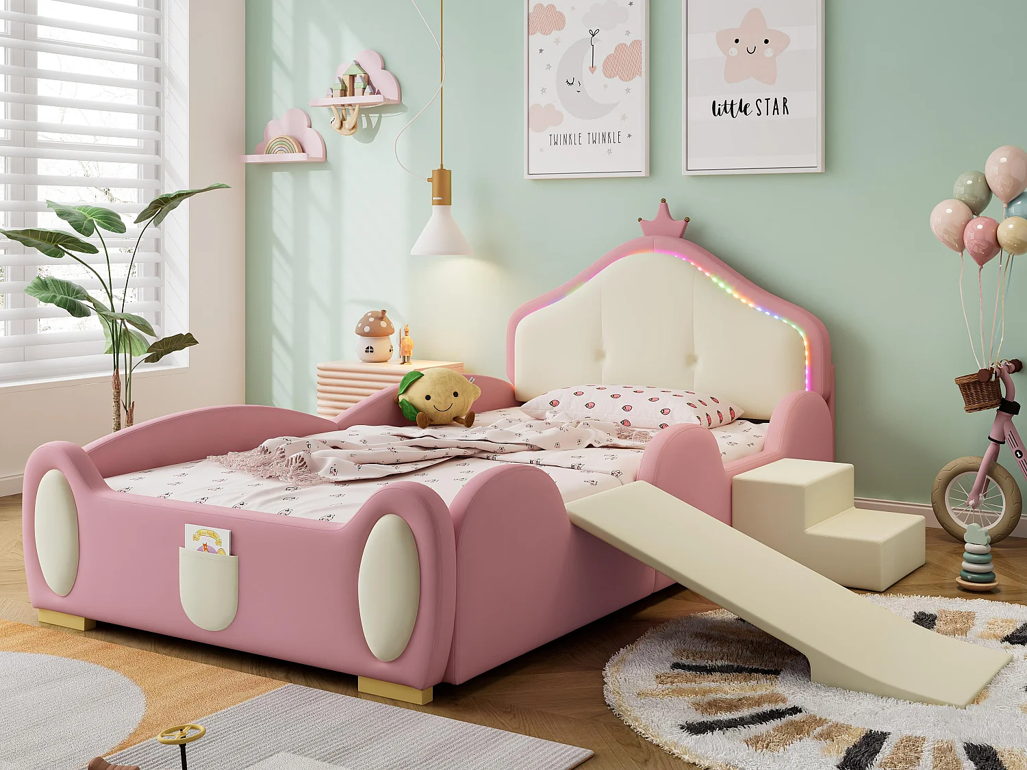 Kinderbett 90x200cm aus Kunstleder mit kleiner Rutsche und Treppe + mehrfarbiger LED und Lattenrost – Beige