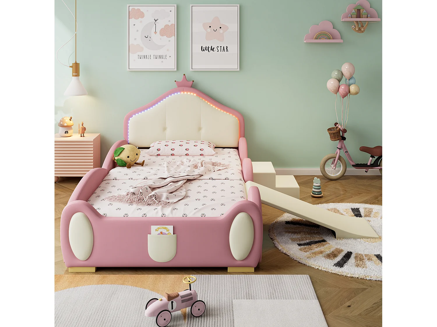 Kinderbett 90x200cm aus Kunstleder mit kleiner Rutsche und Treppe + mehrfarbiger LED und Lattenrost – Beige