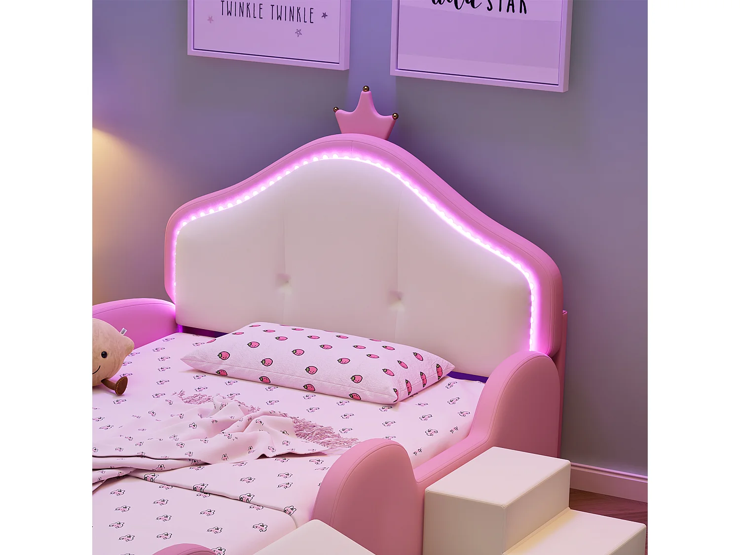 Kinderbett 90x200cm aus Kunstleder mit kleiner Rutsche und Treppe + mehrfarbiger LED und Lattenrost – Beige