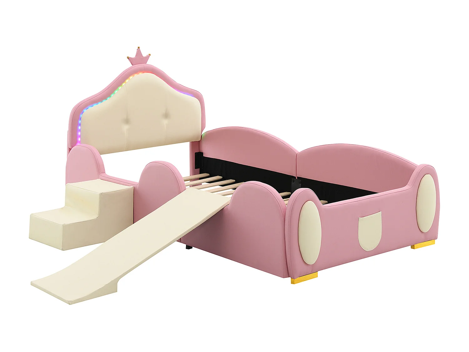 Kinderbett 90x200cm aus Kunstleder mit kleiner Rutsche und Treppe + mehrfarbiger LED und Lattenrost – Beige