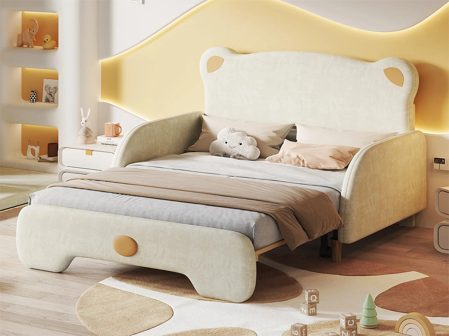 lit enfant rembourré 140x200cm en velours - lit gigogne avec tête de lit en forme d'ours et sommier à lattes - Beige