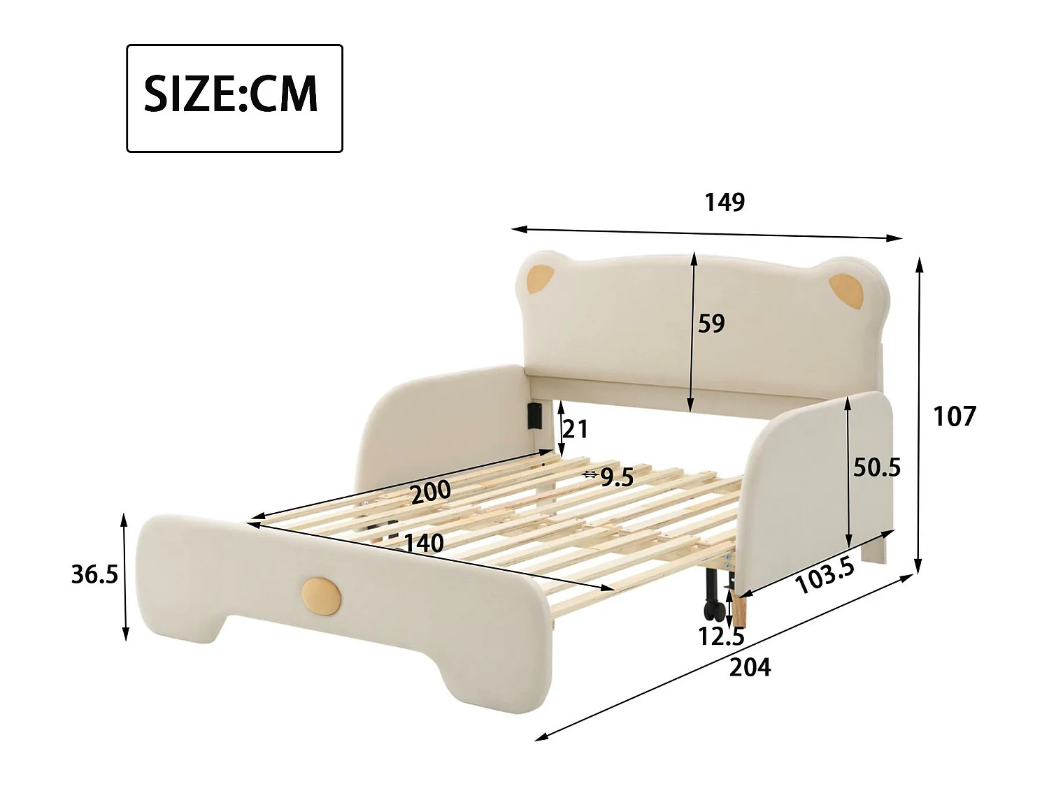 lit enfant rembourré 140x200cm en velours - lit gigogne avec tête de lit en forme d'ours et sommier à lattes - Beige