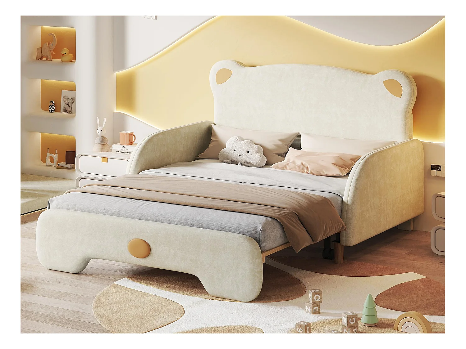 lit enfant rembourré 140x200cm en velours - lit gigogne avec tête de lit en forme d'ours et sommier à lattes - Beige