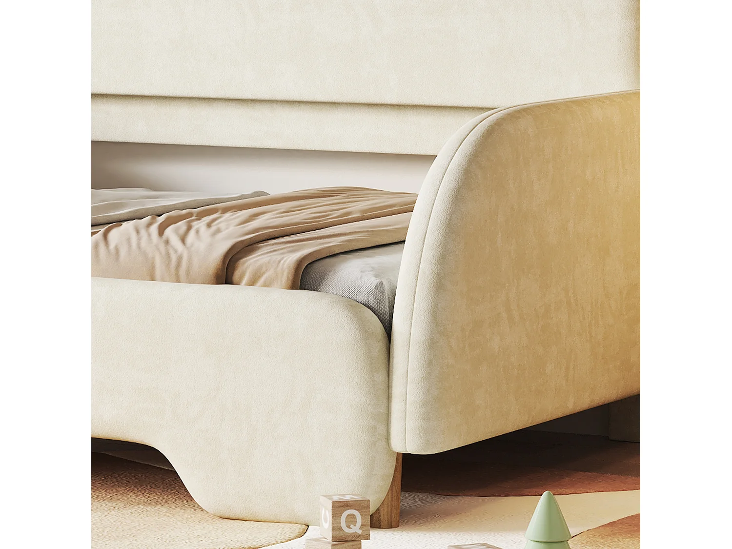 lit enfant rembourré 140x200cm en velours - lit gigogne avec tête de lit en forme d'ours et sommier à lattes - Beige