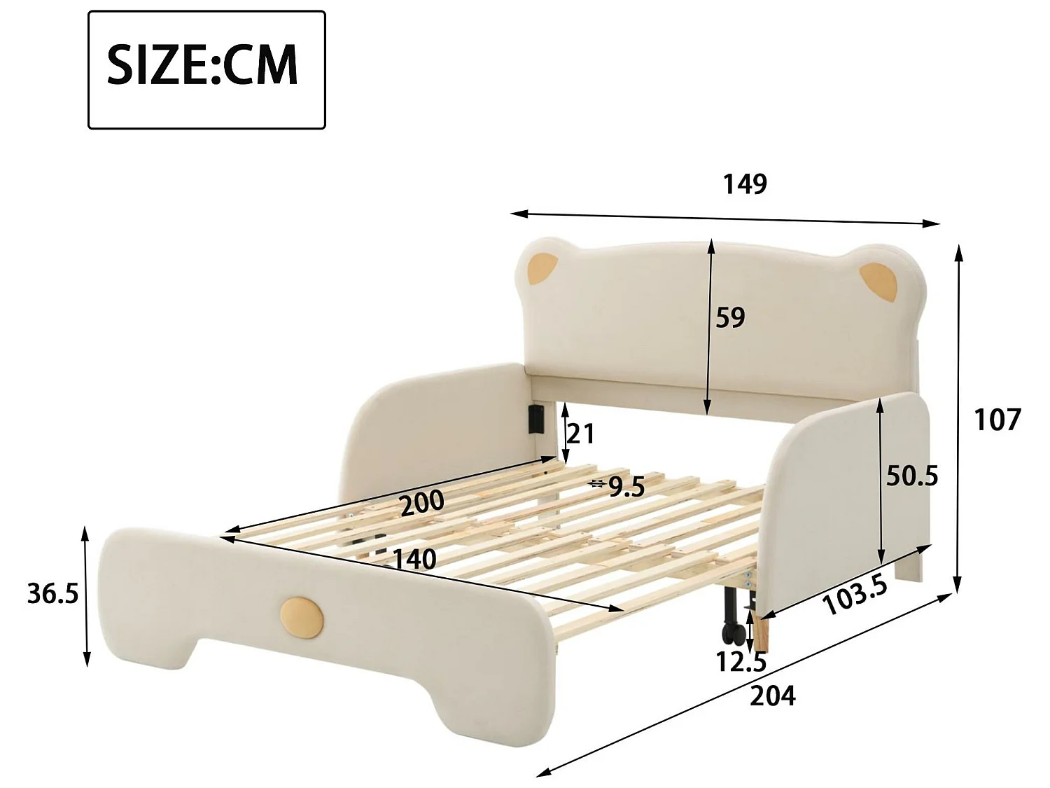 lit enfant rembourré 140x200cm en velours - lit gigogne avec tête de lit en forme d'ours et sommier à lattes - Beige