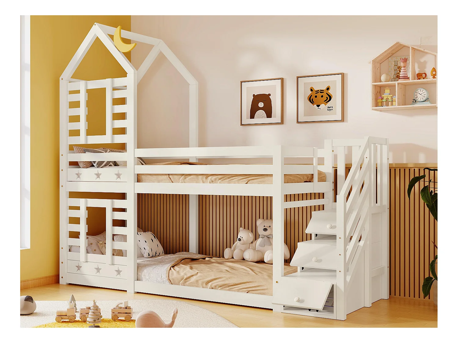 Letto a castello cabina 90x200 cm in pino massiccio con scala contenitore - 2 reti a doghe - Bianco