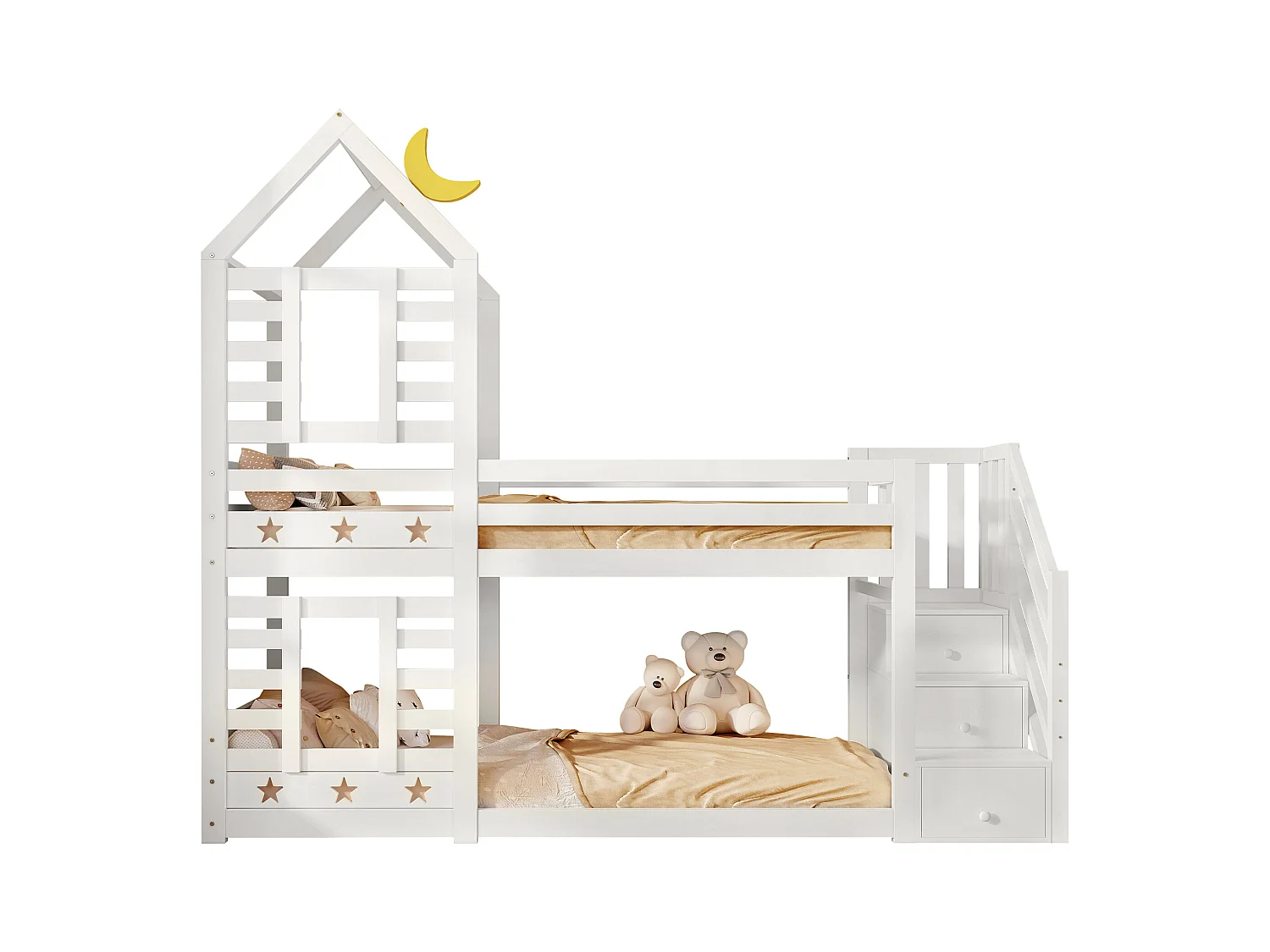 Letto a castello cabina 90x200 cm in pino massiccio con scala contenitore - 2 reti a doghe - Bianco