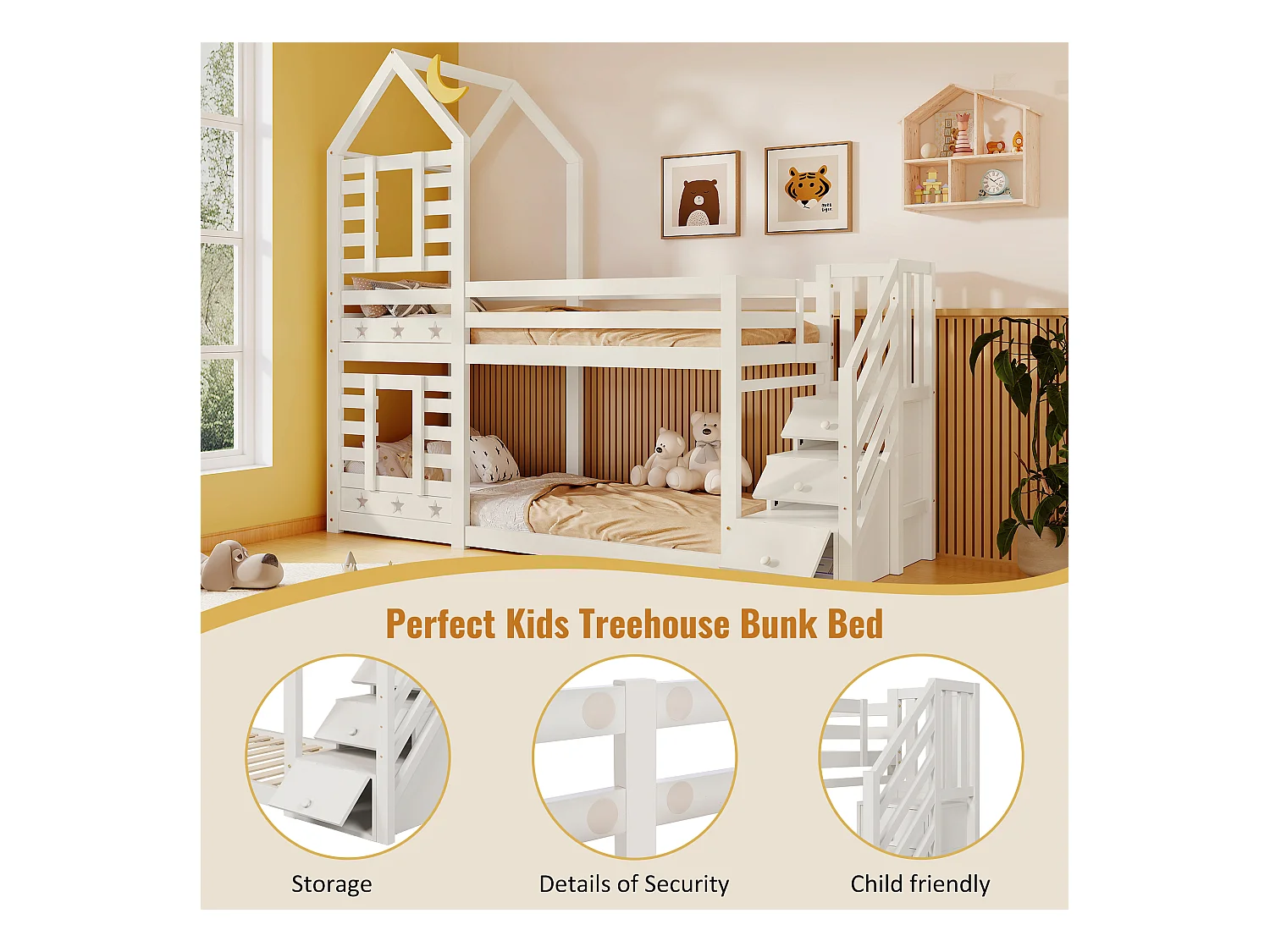 Letto a castello cabina 90x200 cm in pino massiccio con scala contenitore - 2 reti a doghe - Bianco