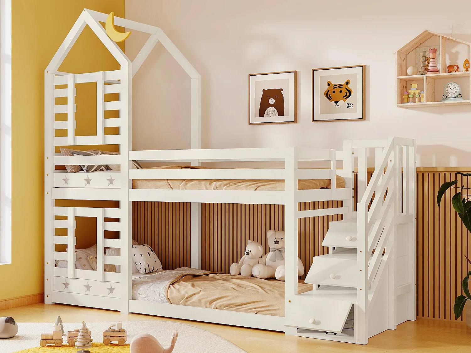 Letto a castello cabina 90x200 cm in pino massiccio con scala contenitore - 2 reti a doghe - Bianco