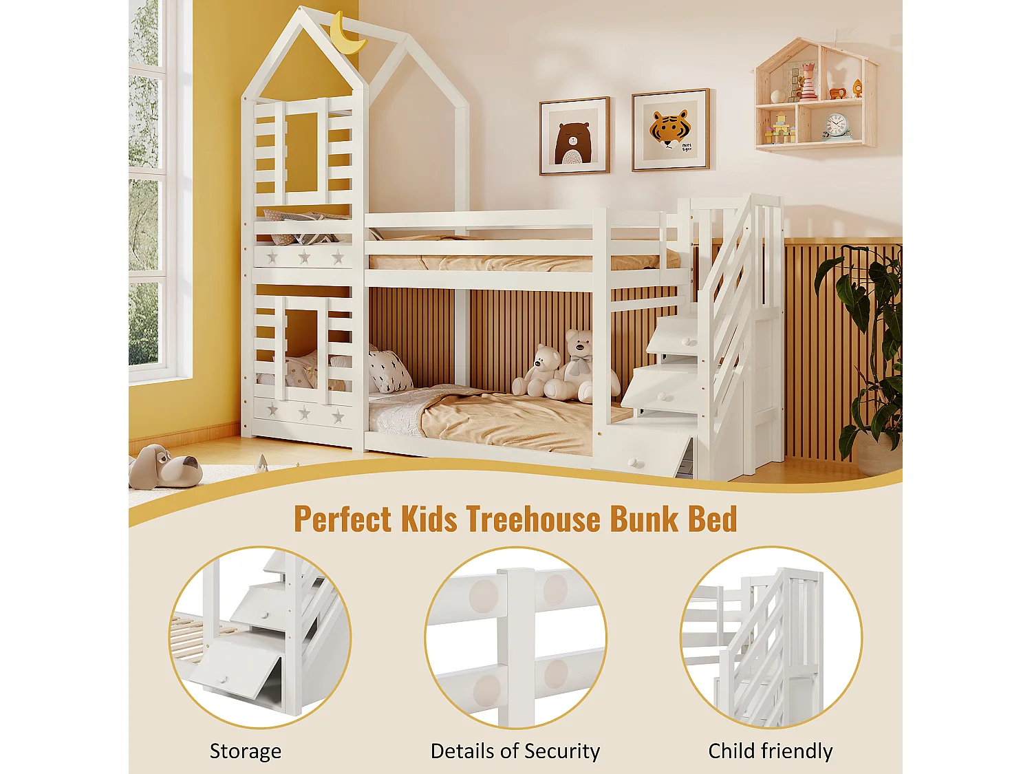 Letto a castello cabina 90x200 cm in pino massiccio con scala contenitore - 2 reti a doghe - Bianco