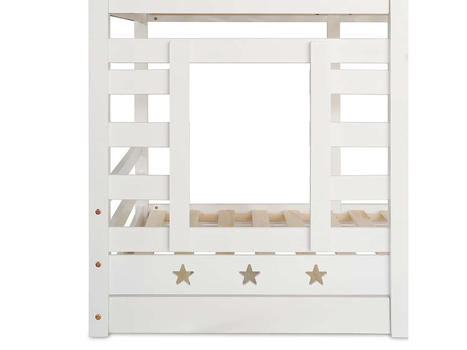 Letto a castello cabina 90x200 cm in pino massiccio con scala contenitore - 2 reti a doghe - Bianco