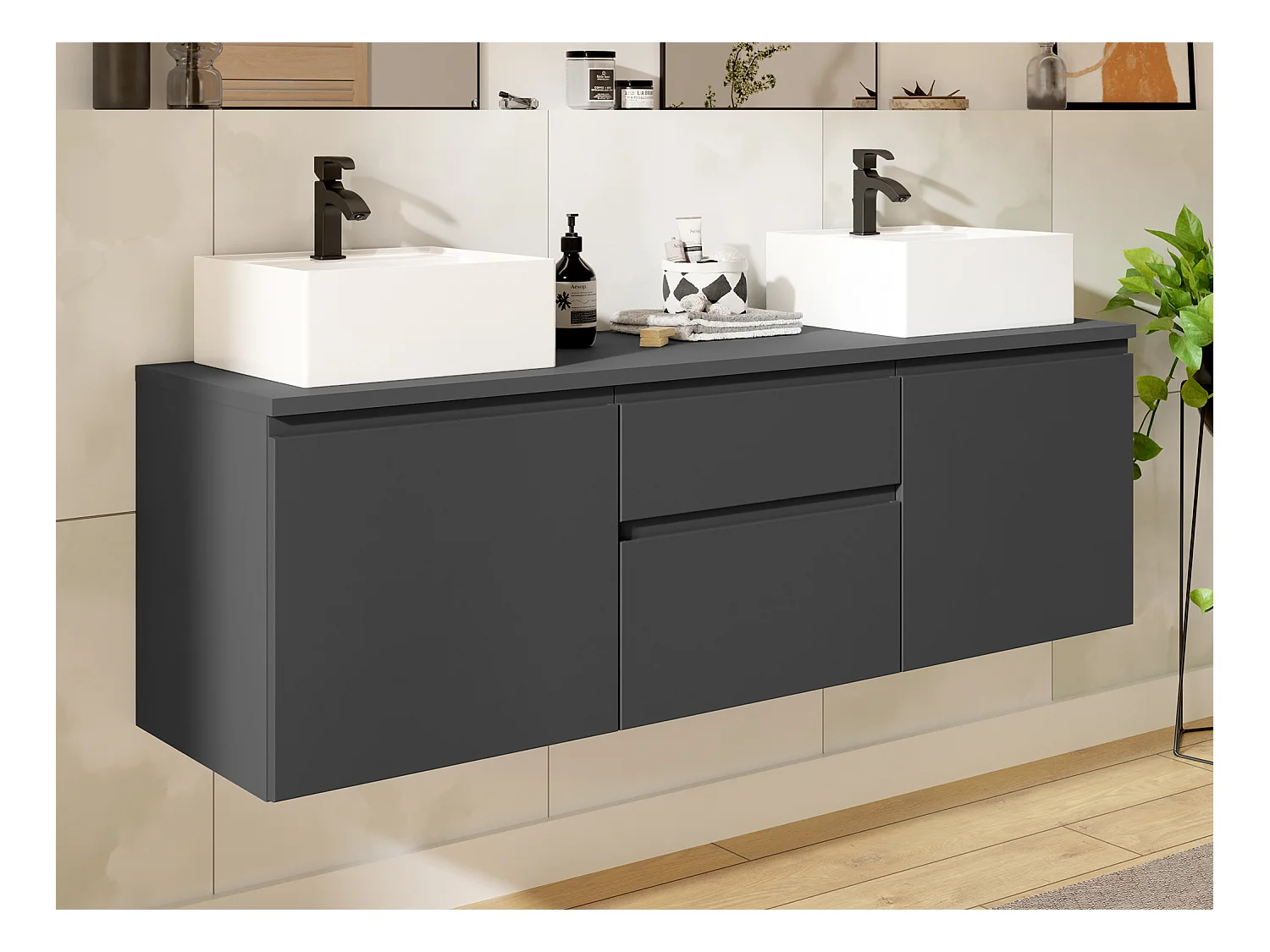 Meuble de salle de bain suspendu avec double vasque - Gris - 150 cm - JIMENA II