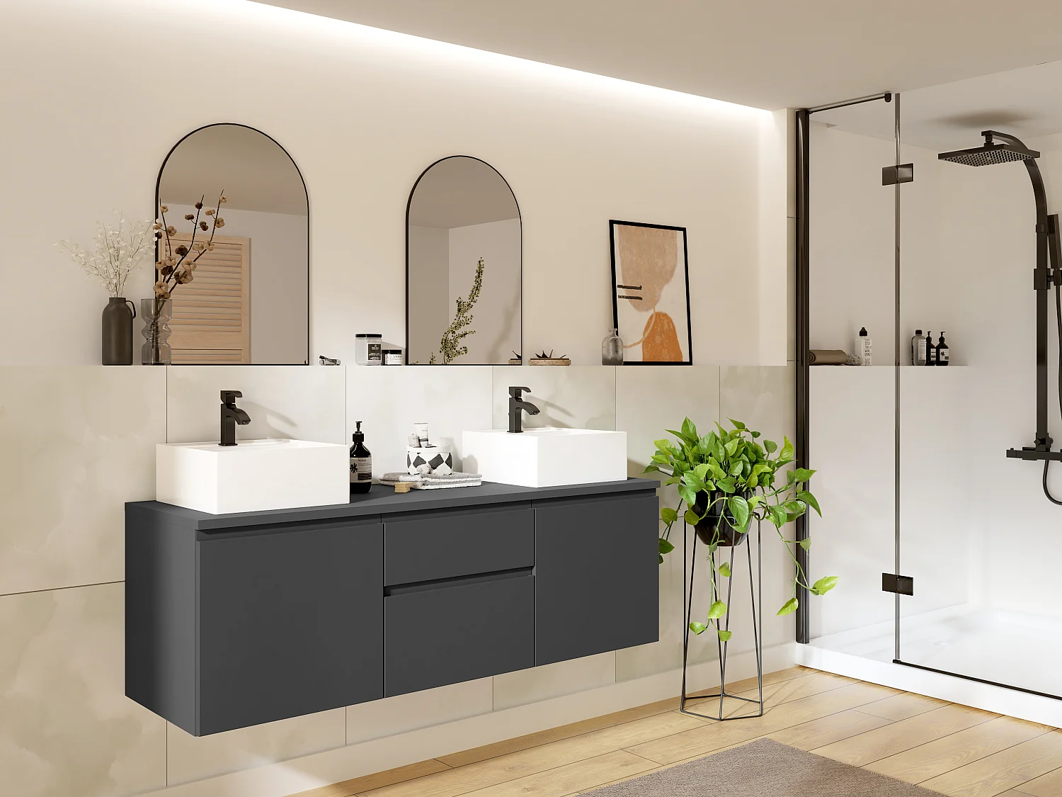 Meuble de salle de bain suspendu avec double vasque - Gris - 150 cm - JIMENA II
