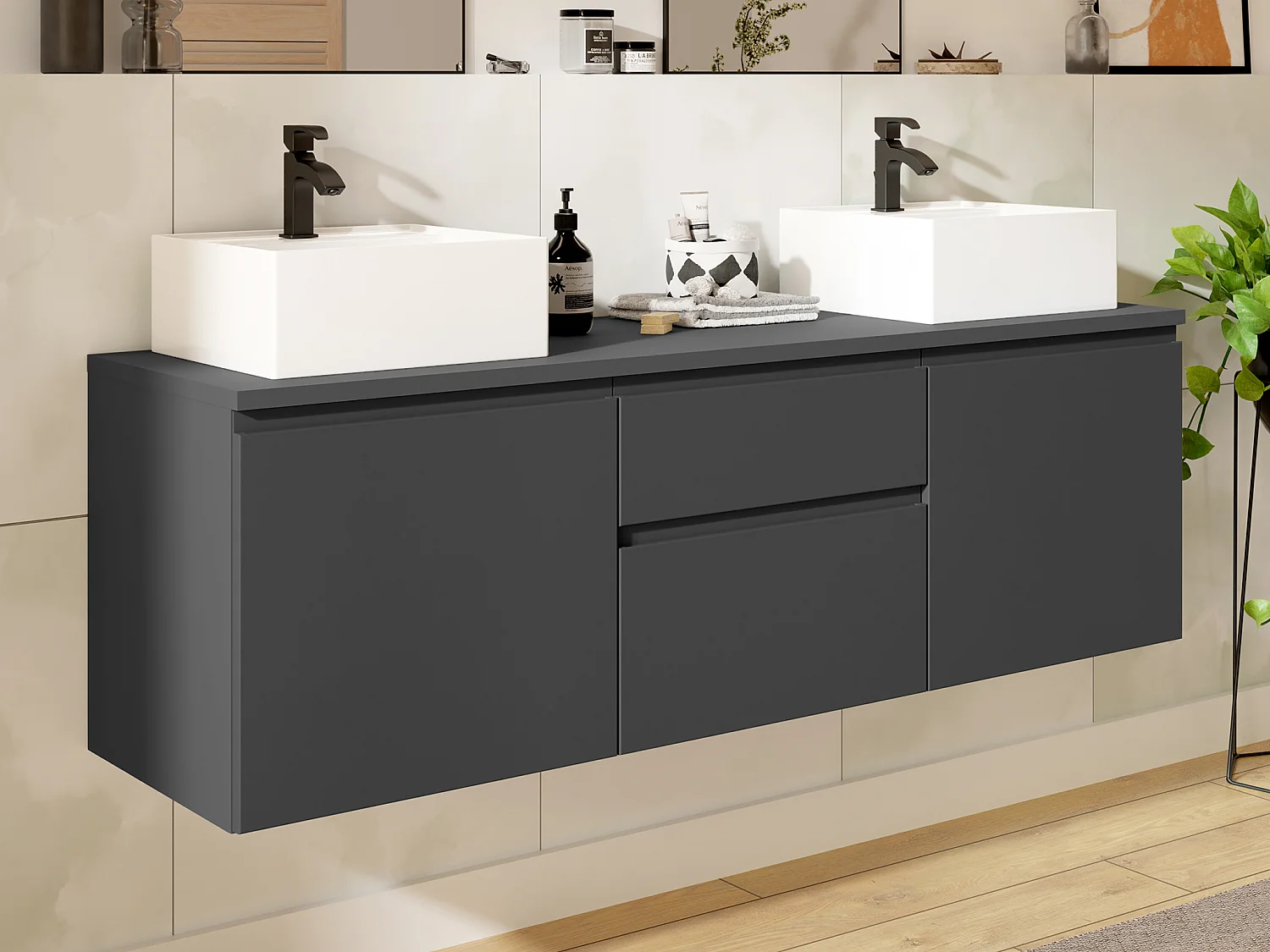 Mueble de baño flotante con dos lavabos - Gris - 150 cm - JIMENA II