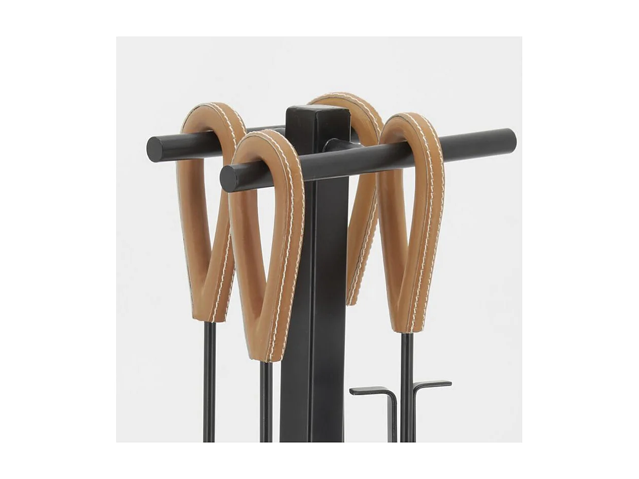 Valet de cheminée + 4 accessoires en métal et cuir