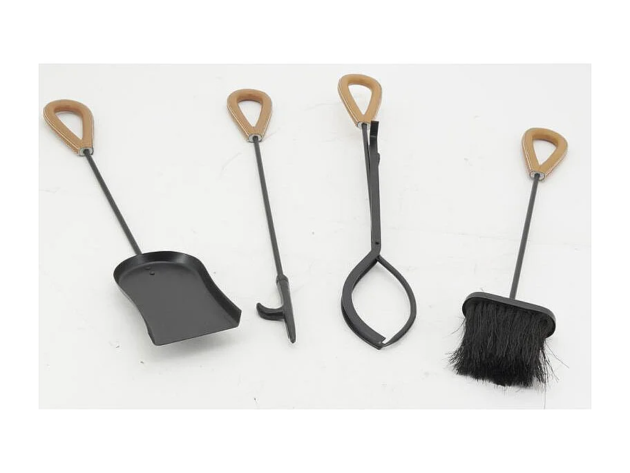 Valet de cheminée + 4 accessoires en métal et cuir